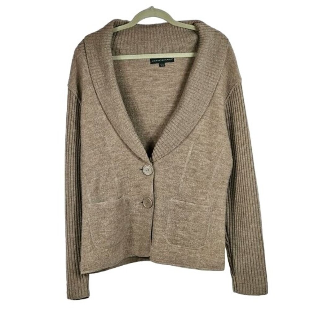 Harve Benard Wool Sweater Cardigan L Ribbed Shawl Collar Camel Tan Quiet Luxury